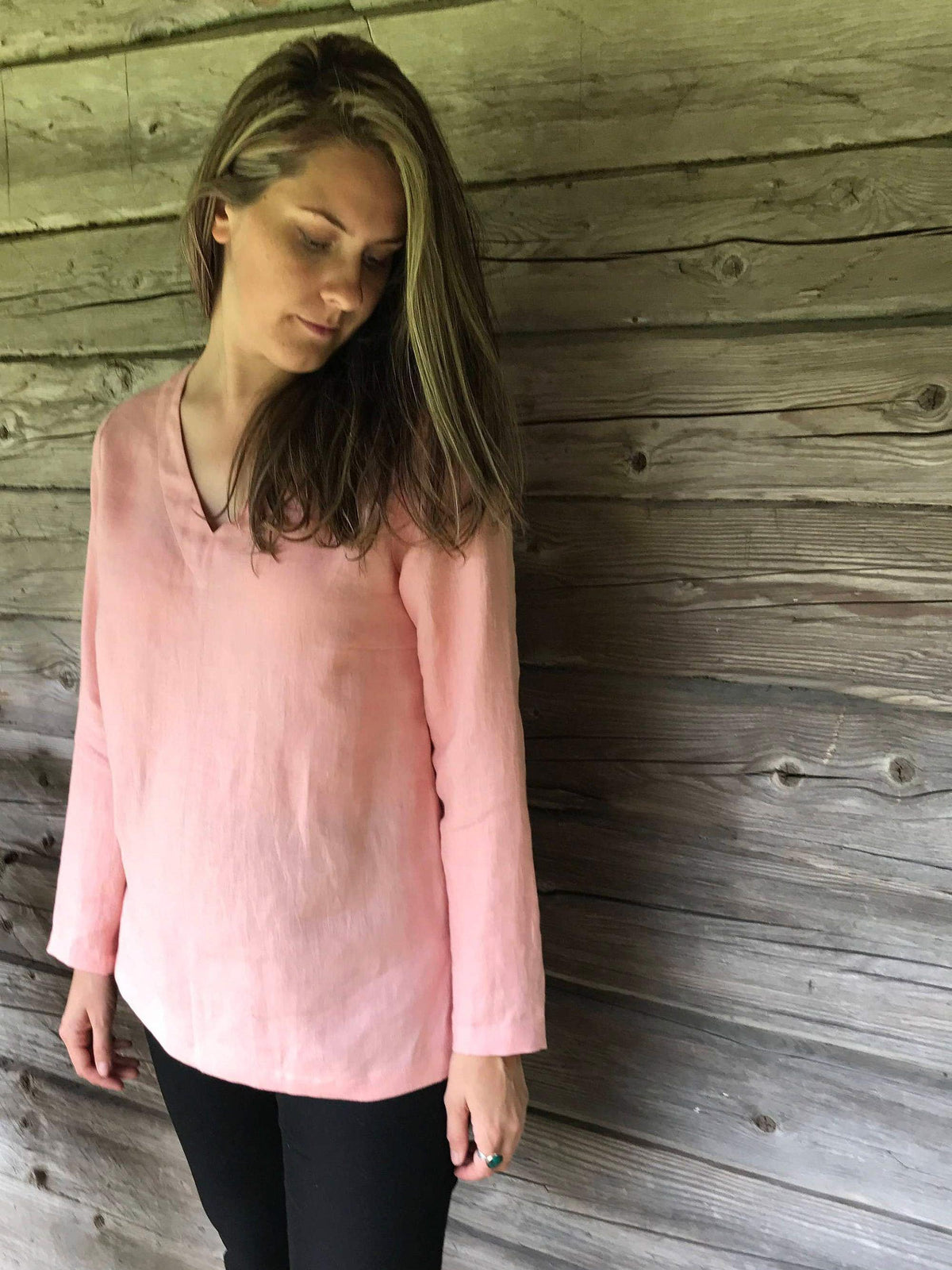 Linen Tunic Top with Long Sleeves, V Neck Top-Linenbee